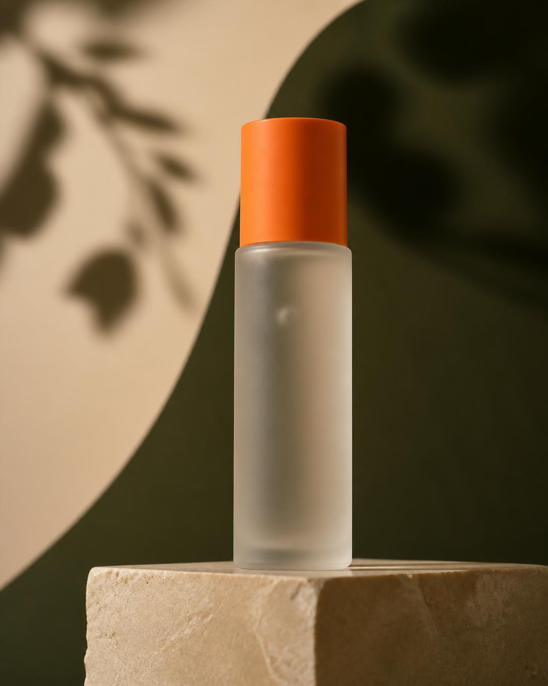 Frosted glass ROMY serum bottle with a tangerine cap on a beige stone plinth